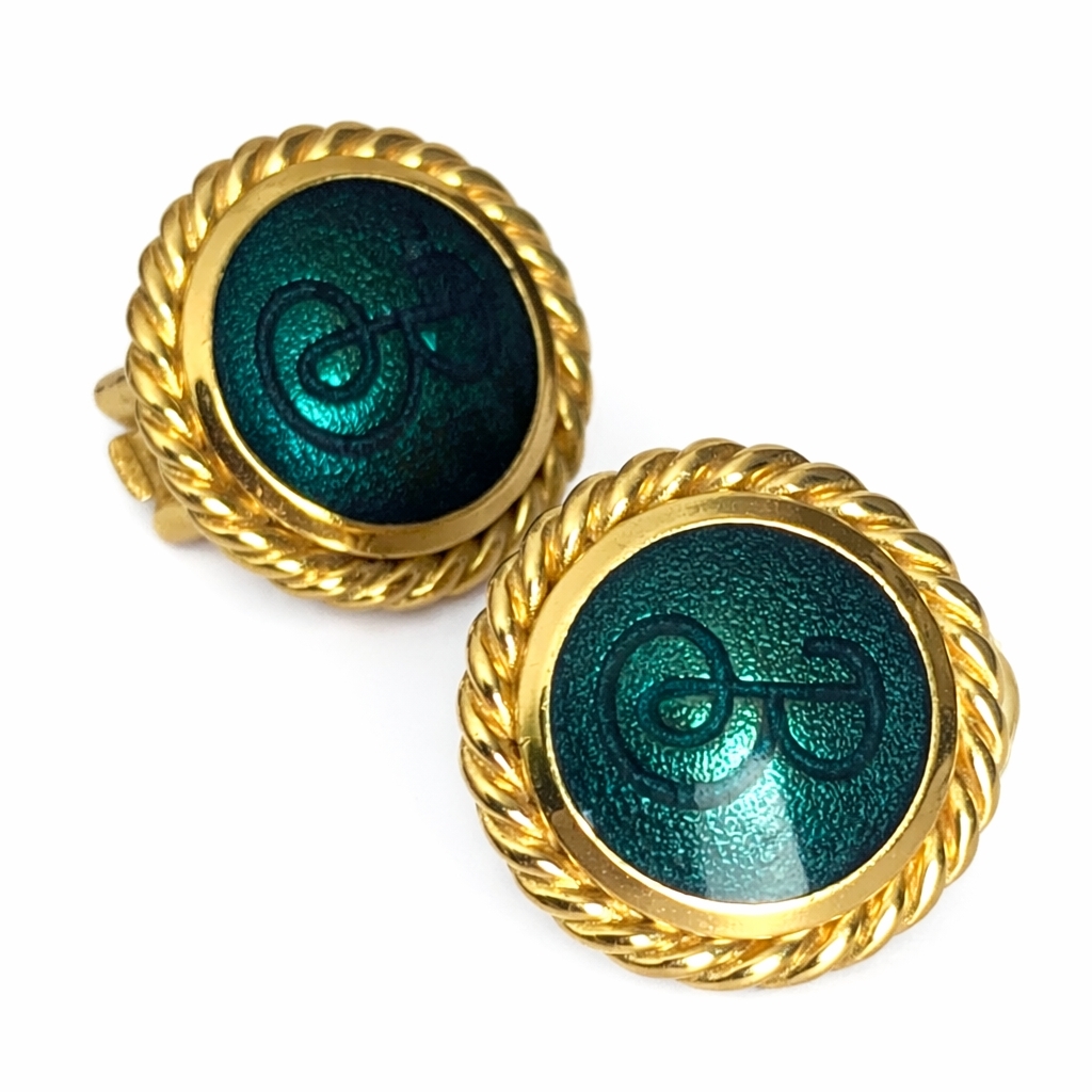 Vintage Burberry Green Enamel Clip Earrings Gold Rope Designer 169$